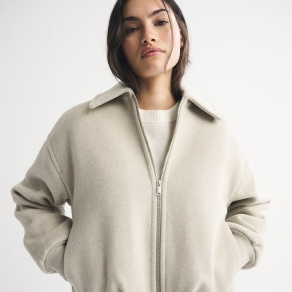 Womens Cream Zip-Front Wool Blend Jacket - Picture 1 of 2